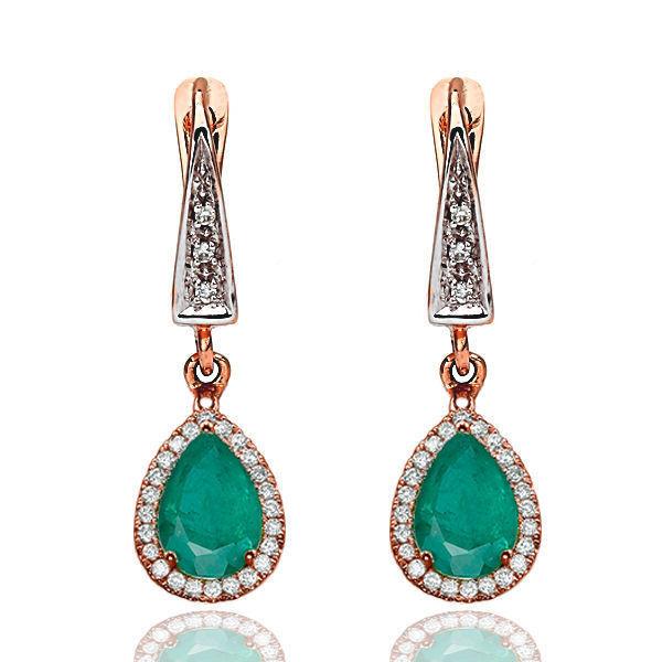 Emerald Dangle Earrings with 45 diamonds 14K - Diamonds Mine