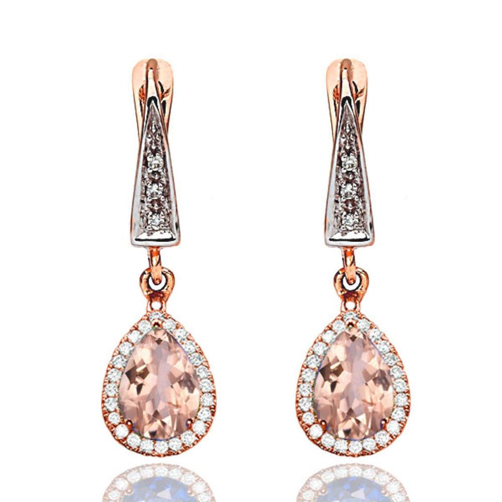 Morganite Dangle Earrings with 45 diamonds 14K - Diamonds Mine