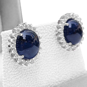 20.07 Carat Blue Sapphire and 1.36 Ct Diamonds, 18 Kt. White Gold, Earrings