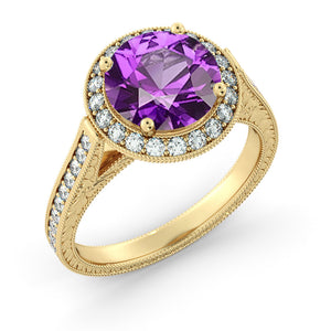 2.1 Carat 14K Yellow Gold Amethyst & Diamonds "Barbara" Engagement Ring