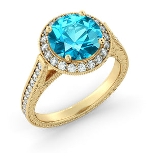 2.1 Carat 14K Rose Gold Blue Topaz & Diamonds "Barbara" Engagement Ring